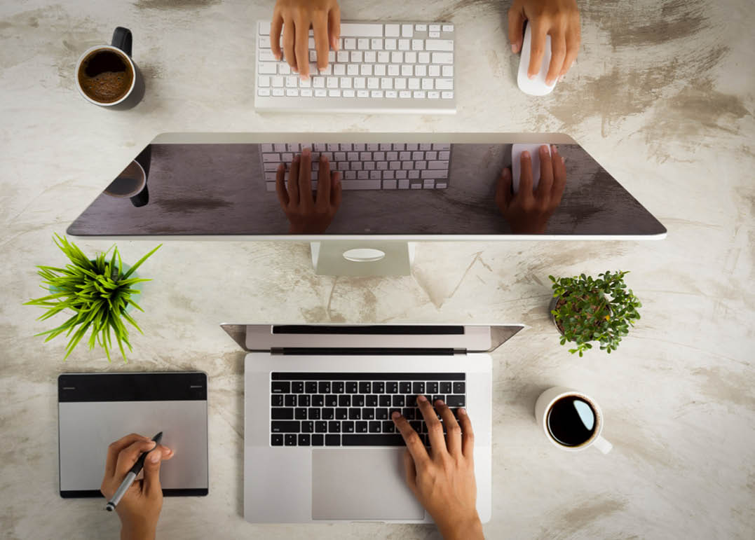 top view of creative working desk